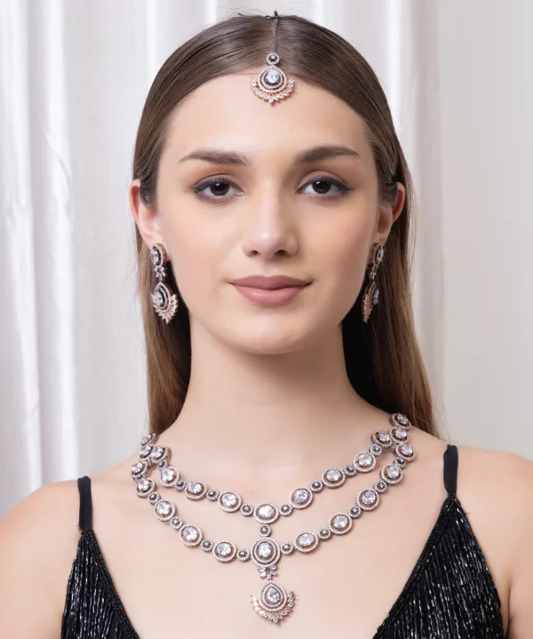 Tasmaye premium Rose Gold plated American Diamond necklace set Wedding Special - Image 2