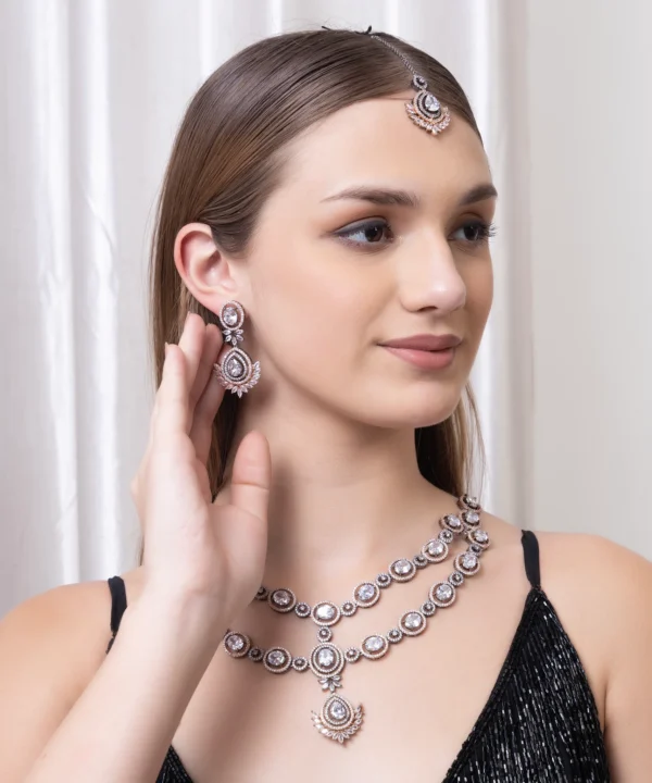 Tasmaye premium Rose Gold plated American Diamond necklace set Wedding Special - Image 3